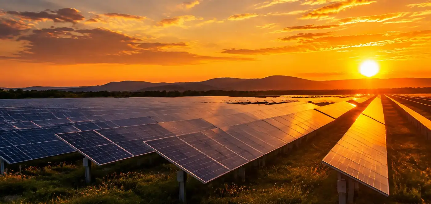 Painéis solares ao pôr do sol